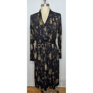 SOMA Cool Nights Women Small Black/Gold Celestial Print Robe Moon Stars Witchy